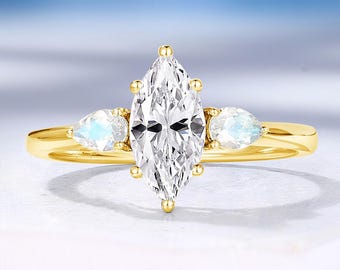 Custom Three Stone Engagement Ring, Moissanite and Moonstone Ring, Solid Yellow Gold Bridal Ring, Family Promise Ring by HelloRing