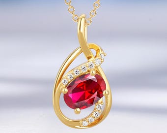 Handmade Oval Ruby Pendant with Lab Grown Diamond, Irregular Twist-Wrap Design Solid Gold Necklace, Gifts for Her