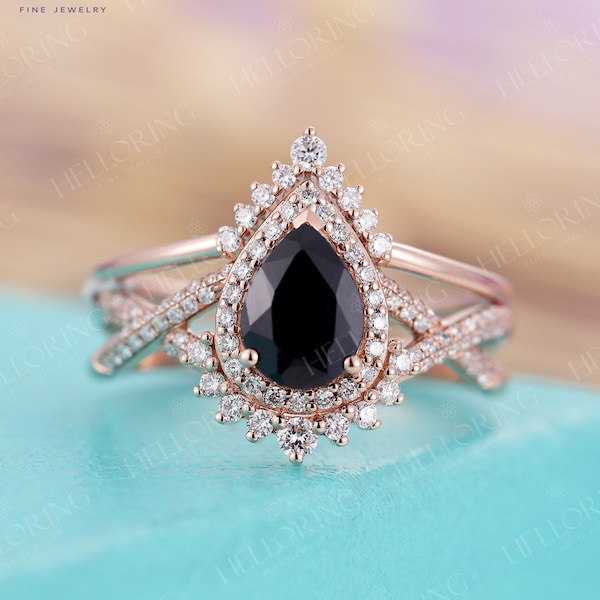 Vintage Black diamond engagement ring set Black sapphire ring Rose Gold ring Pear cut ring halo diamond moissanite curved band twisted band