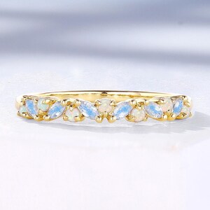 Vintage Marquise Cut Moonstone & Round Opal Wedding Band, Art Deco Half Eternity Band, Yellow Gold Stackable Matching Ring, Anniversary Ring