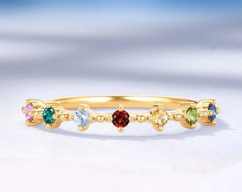 Tiny Seven Colored Gemstone Rings, Custom Birthstone Ring, Stackable Matching Ring by HelloRing