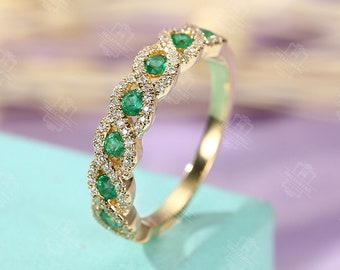 Vintage Emerald Wedding Band antique Half eternity band Art Deco Unique Diamond Bridal set Yellow gold Stacking Infinity Micro pave ring