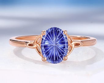 Anello di fidanzamento con zaffiro taglio fantasy a stella: fede in oro rosa celtico, anello per anniversario da donna