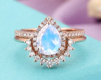 Moonstone engagement ring set Rose gold Pear cut wedding ring vintage Halo diamond moissanite ring stacking matching band Promise ring