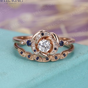 Art deco engagement ring moissanite sapphire diamond ring rose gold Vintage Wedding band Anniversary Unique Flower Anniversary ring