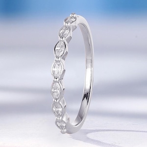 Vintage Marquise Cut Diamond Wedding Band, Handmade White Gold Band, Delicate Seven Stone Ring, Stacking Matching Ring, Bridal Promise Ring image 6