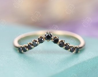 Black Diamond ring Curved wedding band  Unique Chevron Vintage Matching Stacking Promise Bridal Art deco set Anniversary ring