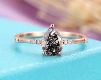 Black Rutilated Quartz engagement ring rose gold Pear cut Art deco wedding ring Women Diamond prong set promise ring Anniversary rings