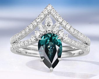 Vintage Teal Sapphire Engagement Ring Set, Half Eternity Wedding Band, Custom By HelloRing