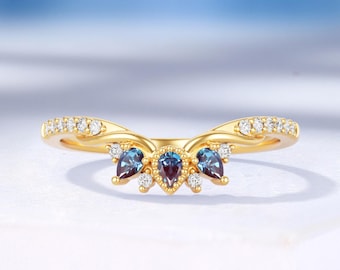 Vintage Lab Alexandrite Curved Wedding Band, Half Eternity Moissanite Ring, Custom Matching Ring for Women