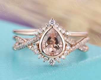 Vintage Pear Morganite engagement ring set art deco diamond Moissanite band halo rose gold twisted ring set Bridal Set Anniversary ring