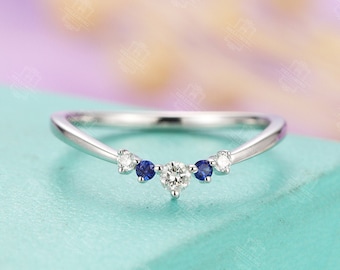Sapphire Curved wedding band  Dainty Diamond bridal Alternative Chevron Unique Promise Stacking Birthstone Matching band ring