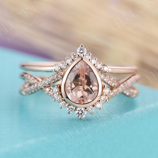 Vintage Pear Morganite anillo de compromiso conjunto art deco diamante Moissanite banda halo oro rosa anillo retorcido conjunto nupcial conjunto anillo de aniversario