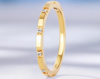 Minimalist Diamond Wedding Band, Solid Gold Band, Half Eternity Stackable Matching Rings for Women