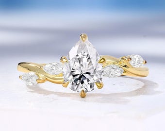 Natural-Inspired Pear Cut Moissanite Engagement Ring, Leaf-Entwined Design Wedding Ring, Rotational Symmetry Solid Gold Ring, Promise Ring
