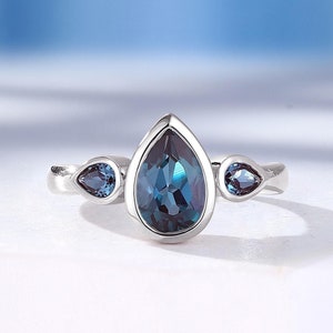 Vintage Lab Alexandrite Engagement Ring, White Gold Bezel Set, Three Stone Promise Anniversary Rings for Women