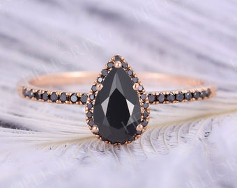 Vintage Pear shaped Black onyx engagement ring art deco ring Rose gold Ring black diamond Halo Anniversary Bridal ring Half eternity ring