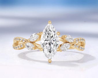 Natural-Inspired Leaf Design Split Engagement Ring, Delicate Marquise Moissanite Ring, Solid Gold Twist Ring, Custom Proposal Ring for Women