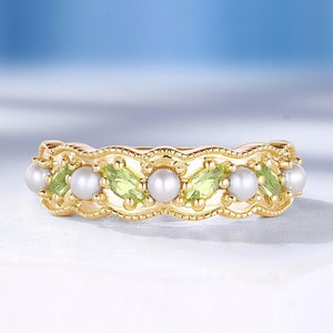 Peridot Wedding Band with Pearl Represents Pure Affection Gemstone Ring Gold Wedding Ring Gift For Her Birthstone Ring - Custom By HelloRing