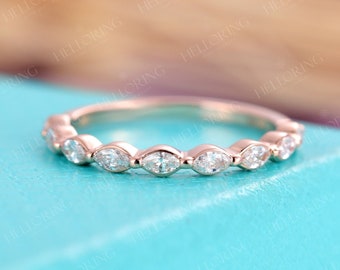 Marquise cut Diamond Moissanite Wedding band Rose gold engagement band nine stones Matching Stacking Vintage Anniversary Half eternity band