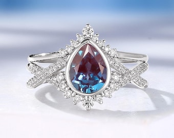 Vintage Pear Lab Alexandrite Engagement Ring Set, 18K Rose Gold Wedding Ring Set, Diamond Curved Wedding Band, Anniversary Promise Ring