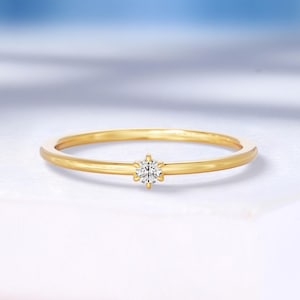 Minimalist Diamond Wedding Ring, Dainty Solitaire Diamond Simple Ring, Thin 14K Solid Gold Stacking Matching Ring, Promise Anniversary Ring