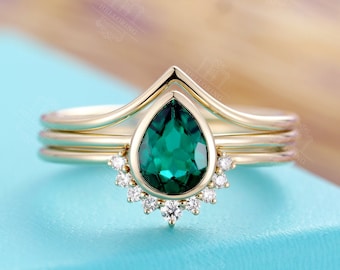 Pear Shaped Emerald Engagement Ring set Yellow gold diamond wedding band bezel set Birthstone bridal set  Anniversary