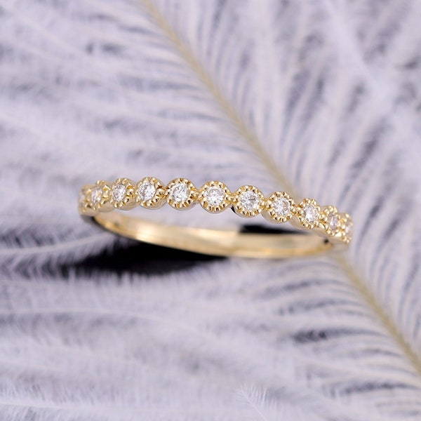 Diamond Wedding band women vintage Half eternity band Dainty Simple Delicate Stacking Bridal Promise Milgrain Matching band bead bridal ring