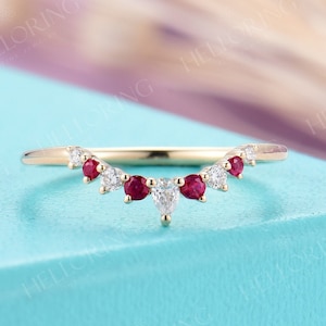 Ruby Diamond Curved Wedding Band, 18K Yellow Gold Chevron Matching Stacking Ring, Pear Diamond Band Unique Band, Promise Anniversary Band