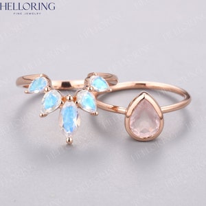 Rozenkwarts Verlovingsring set Rose goud Peer gesneden Gebogen trouwring Marquise gesneden Art deco Moonstone Bridal Anniversary Promise ring afbeelding 1