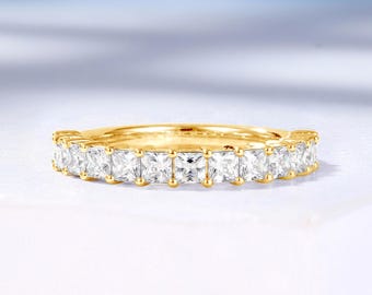 Classic Half Eternity Wedding Band, Princess Moissanite Anniversary Ring, Solid Gold Birthstone Ring