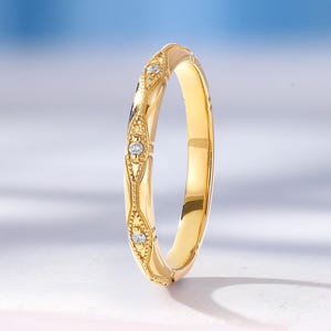 Vintage Diamond Wedding Band, Solid Gold, Unique Milgrain Band, Stackable Matching Anniversary Ring for Women image 1