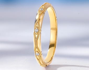 Vintage Diamond Wedding Band, Solid Gold, Unique Milgrain Band, Stackable Matching Anniversary Ring for Women