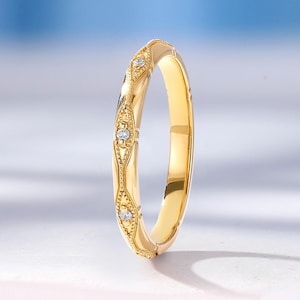 Vintage 18K Rose Gold Milgrain Wedding Band, Art Dec Diamond Ring, Stackable Matching Rings for Women