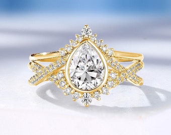 Vintage Pear Moissanite Engagement Ring Set, 18K Gold Twisted Wedding Band, Infinity Wedding Ring Set, Art Deco Bridal Ring Set Promise Ring
