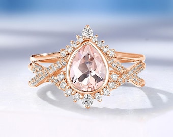 Vintage Pear Morganite Engagement Ring Set, Art Deco Diamond Moissanite Halo Band, Rose Gold Twisted  Bridal Ring Set, Anniversary Ring