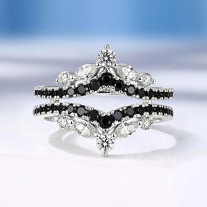 Vintage Black Moissanite Enhancer Band Ring, Two-Color Gems Double Curved Wedding Band, Custom Matching Bridal Ring, Promise Rings For Women