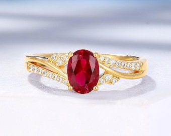 Oval Lab Ruby Engagement Ring with Lab Grown Diamond: 14K Gold Promise Ring, July Birthstone Ring, Anniversary Gift for Wife