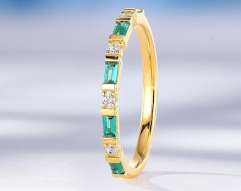 Baguette Cut Emerald and Moissanite Wedding Band, Yellow Gold, Custom Stacking Birthstone Ring, Gifts for Her by HelloRing