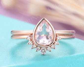Rose Quartz Engagement Ring set Rose Gold engagement ring Vintage Diamond Wedding ring set Bridal ring Pear cut Stacking Promise ring