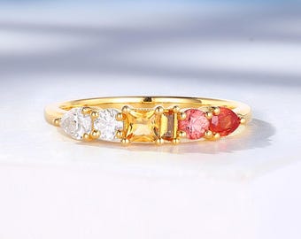 Custom Birthstone Ring: Moissanite, Citrine, Orange Sapphire, Gold Wedding Band, Matching Ring By HelloRing