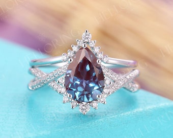 Pear cut Alexandrite engagement ring set white gold Diamond Moissanite Curved wedding band Twisted Bridal Art deco Promise Anniversary ring