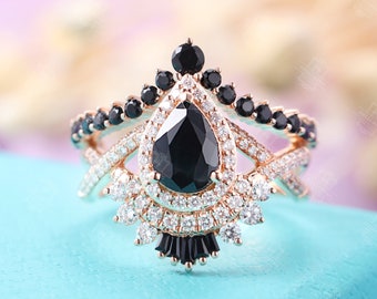 Pear shaped Black sapphire engagement ring set Vintage Black diamond onyx diamond band Unique Bridal Art deco Promise Anniversary ring