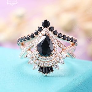 Pear shaped Black sapphire engagement ring set Vintage Black diamond onyx diamond band Unique Bridal Art deco Promise Anniversary ring