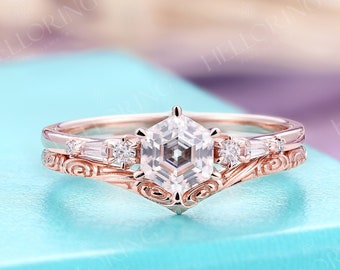 Vintage Hexagon moissanite engagement ring set baguette Diamond Art deco curved wedding band rose gold Unique Promise Anniversary ring