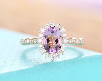 Vintage Oval Amethyst engagement ring Yellow gold Diamond moissanite bands Unique Art deco gorgeous ring Bridal Promise Anniversary ring