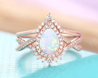 Vintage Lab Opal Engagement ring set, Pear shaped wedding ring set , Stacking Bridal ring set Halo diamond moissanite,Anniversary ring set