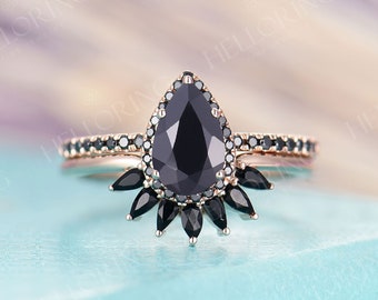 Pear cut Black onyx engagement ring set black onyx wedding band rose gold ring Stacking Diamond Unique Art deco ring Anniversary ring