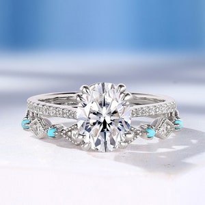 Oval Moissanite Engagement Ring Set Classic White Gold Ring Blue Turquoise Wedding Band Bridal Ring Set Gift For Women - Custom By HelloRing