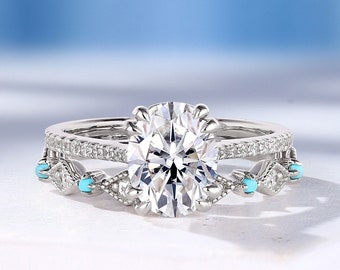 Oval Moissanite Engagement Ring Set Classic White Gold Ring Blue